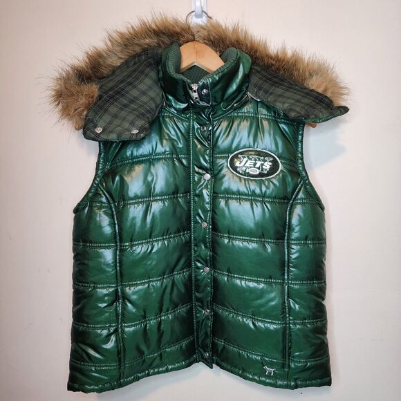 Vintage Pink Victoria Secrets New York Jets Puffer Vest Large Removable Hood - Picture 1 of 10